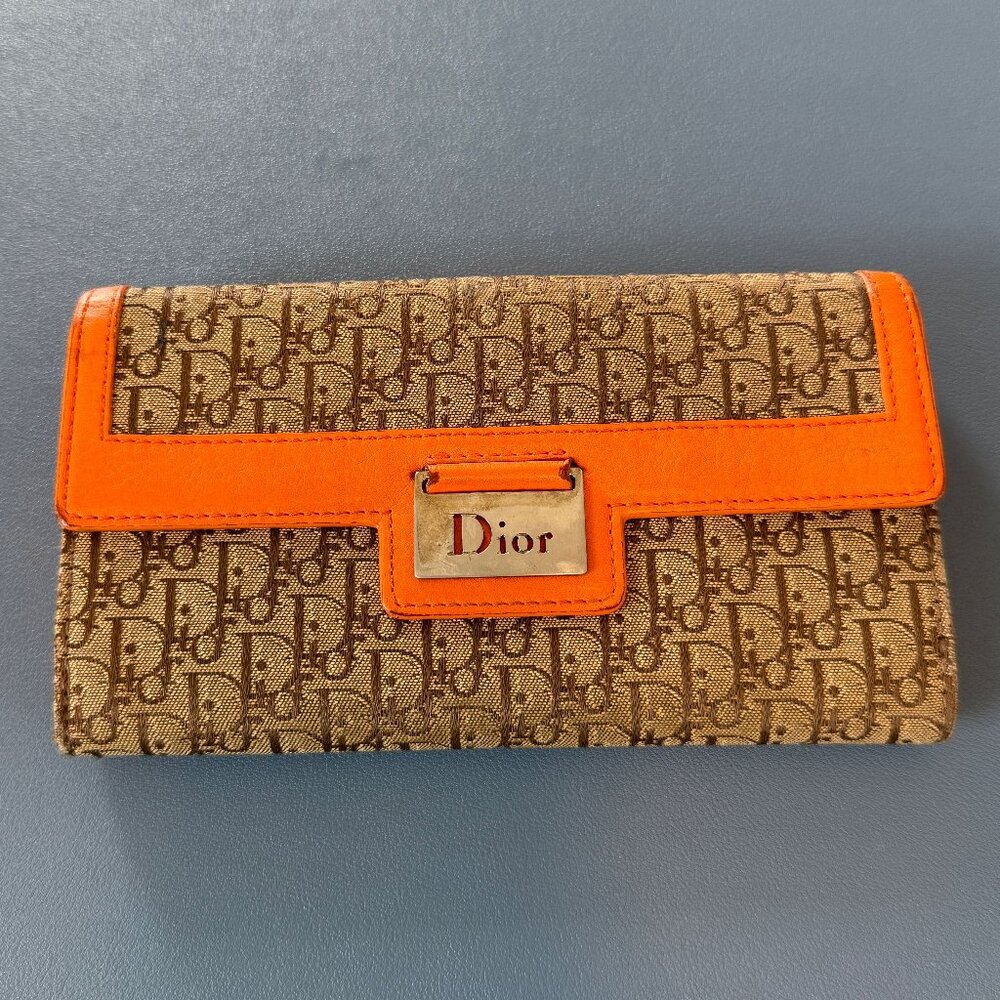 Christian Dior Diorissimor Brown & Tan Trotter Wallet with Orange Leather Trim